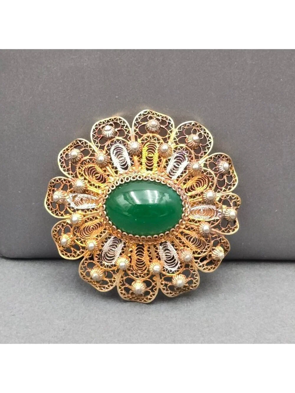 Vintage 830 Silver Vermeil Flower Brooch Green Cabochon Filigree Scandinavian